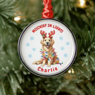 Festive Fun Watercolor Golden Retriever Snowflakes Metal Ornament