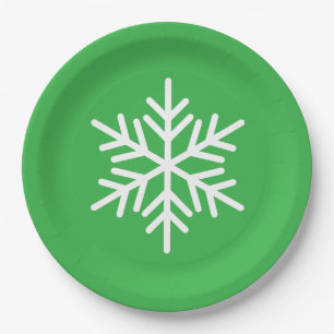 Festive Fun White Alpine Snowflake On Kelly Green Paper Plate