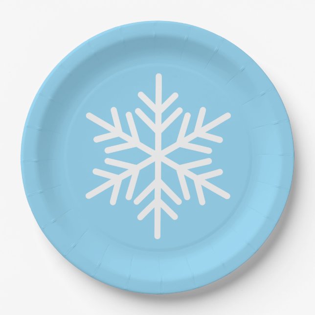 Festive Fun White Alpine Snowflake On Light Blue Paper Plate (Front)