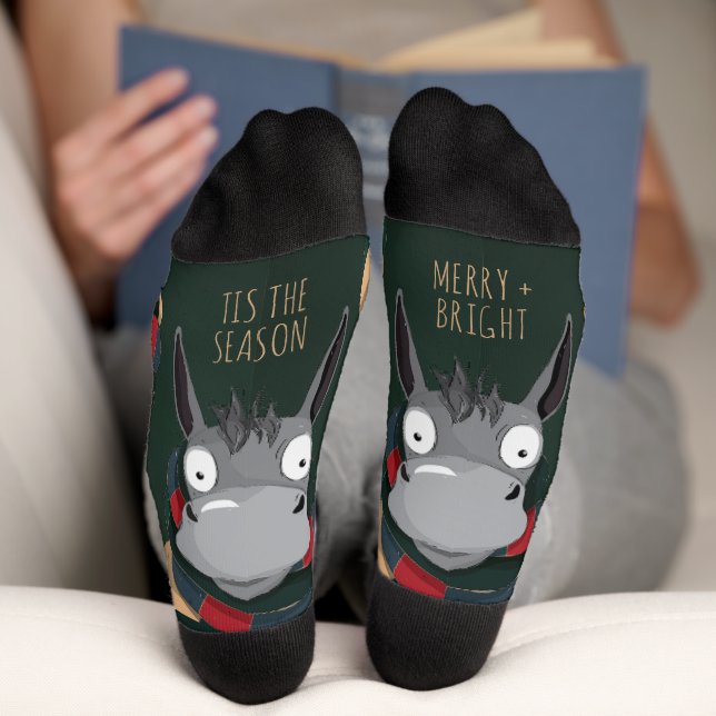 Festive Fun Winter Donkey Illustration Dark Green Socks (Bottom)