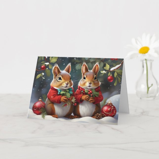 Festive Fun with Cute Christmas Squirrels  Card (Small Plant)