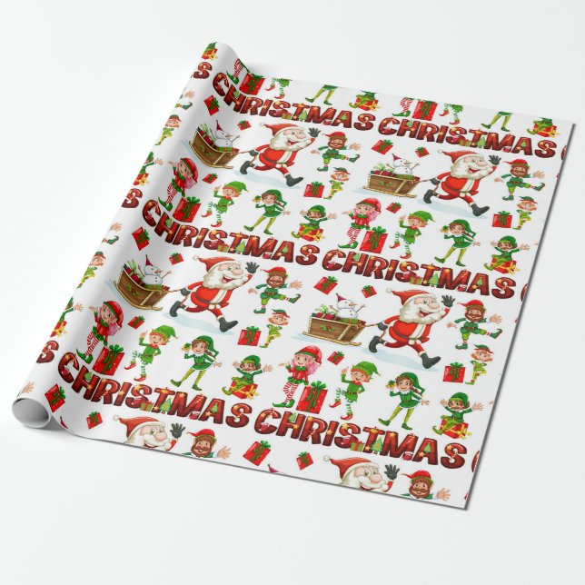 Festive Funny Christmas Elf Holiday Wrapping Paper (Unrolled)