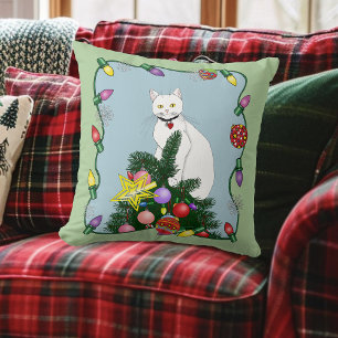 Festive Funny Christmas Tree Funny White Cat Green Cushion