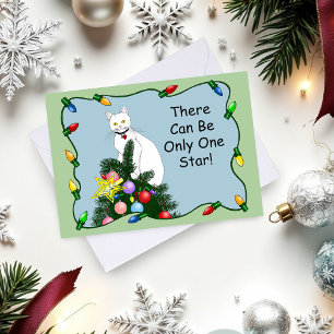 Festive Funny Christmas Tree Funny White Cat Green Holiday Card