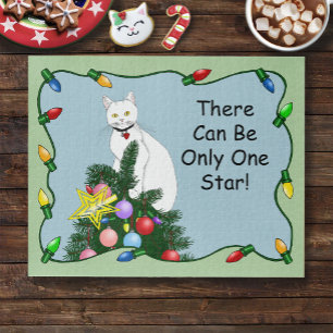 Festive Funny Christmas Tree Funny White Cat Green Jigsaw Puzzle