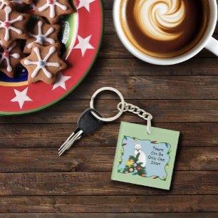 Festive Funny Christmas Tree Funny White Cat Green Key Ring