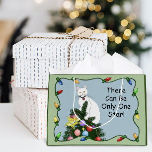 Festive Funny Christmas Tree Funny White Cat Green Large Gift Bag