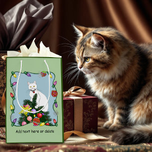 Festive Funny Christmas Tree Funny White Cat Green Medium Gift Bag
