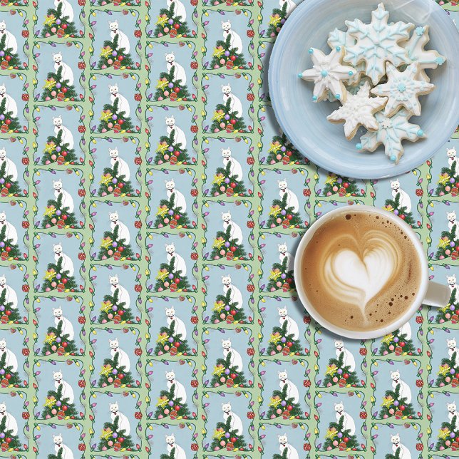Festive Funny Christmas Tree Funny White Cat Green Tablecloth (Creator Uploaded)