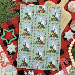 Festive Funny Christmas Tree Funny White Cat Green Tea Towel