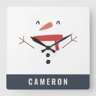 festive funny cute snowman personalized children's square wall clock