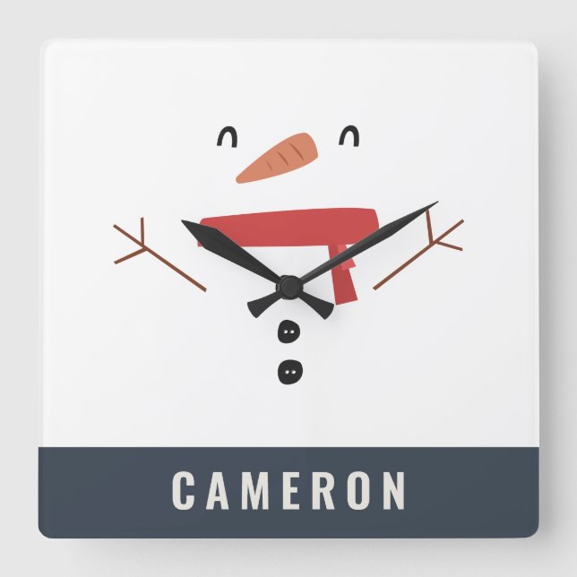 festive funny cute snowman personalized children's square wall clock (Front)