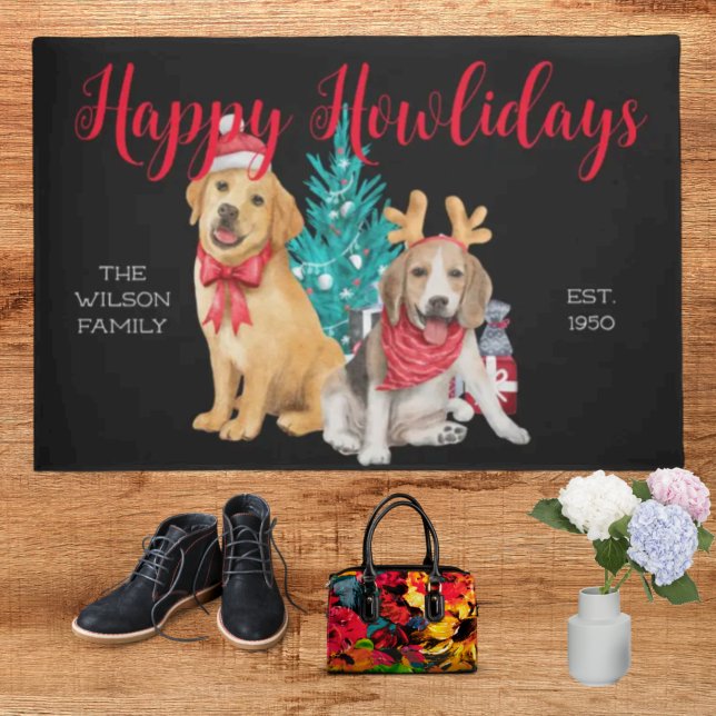 Festive funny happy dogs Happy Howlidays black lap Doormat (Creator Uploaded)