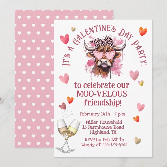 Festive Galentine's Day Hereford Cow Invitation (Front/Back)