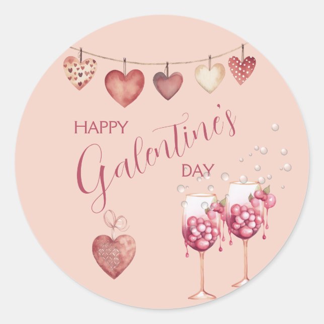 Festive Galentine's Day Wine Glasses and Hearts  Classic Round Sticker (Front)