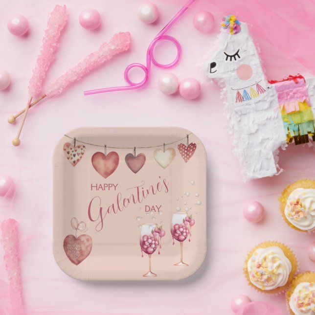 Festive Galentine's Day Wine Glasses and Hearts  Paper Plate (Party)