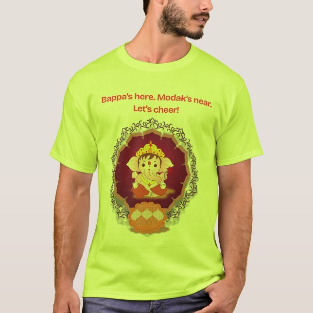 Festive Ganpati Modak Cheer T-Shirt – Bappa's Here (Front)