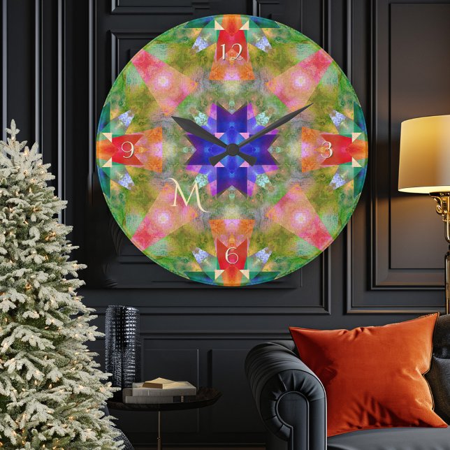 Festive Geometric Art Monogram Wall Clock (Festive geometric watercolor art Christmas wall clock)