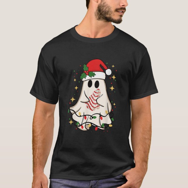 Festive Ghost with Christmas Tree Cake Holiday Xma T-Shirt (Front)