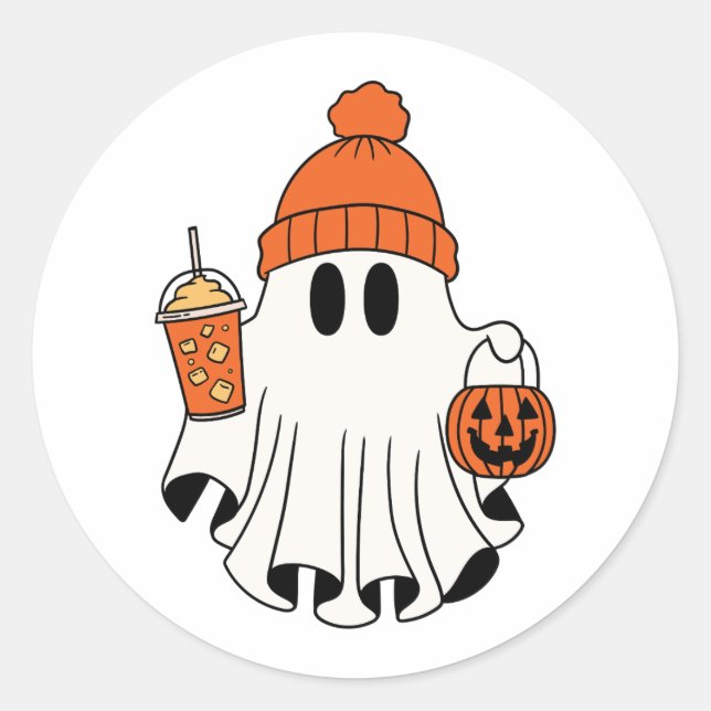Festive Ghost with Pumpkin Basket & Iced Latte Classic Round Sticker (Front)