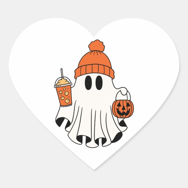 Festive Ghost with Pumpkin Basket & Iced Latte Heart Sticker (Front)