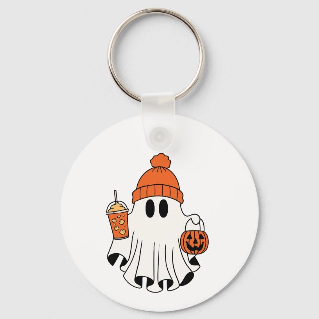 Festive Ghost with Pumpkin Basket & Iced Latte Key Ring (Front)