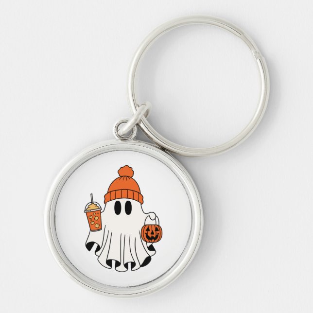 Festive Ghost with Pumpkin Basket & Iced Latte Key Ring (Front)