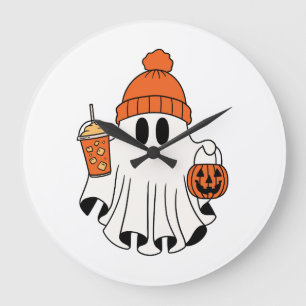 Festive Ghost with Pumpkin Basket & Iced Latte Large Clock