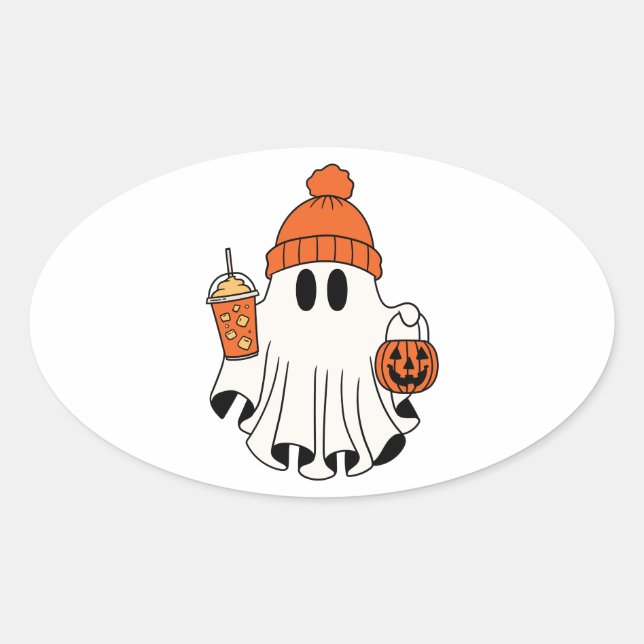 Festive Ghost with Pumpkin Basket & Iced Latte Oval Sticker (Front)