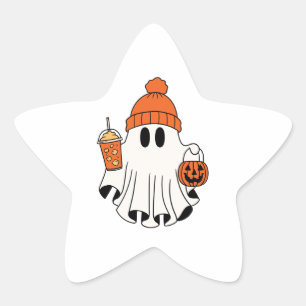 Festive Ghost with Pumpkin Basket & Iced Latte Star Sticker
