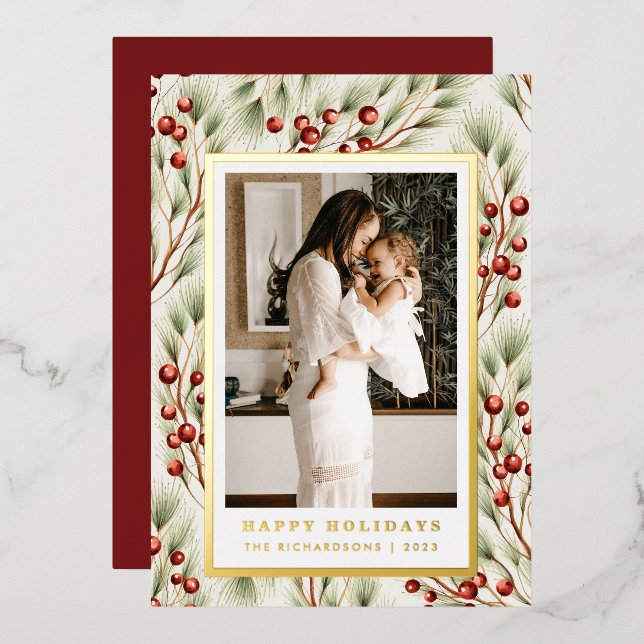 Festive Gilded Border Photo Christmas Card (Front/Back)