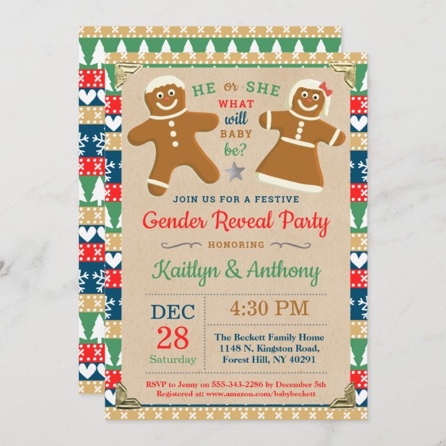 Festive Gingerbread Christmas Gender Reveal Party Invitation (Front/Back)