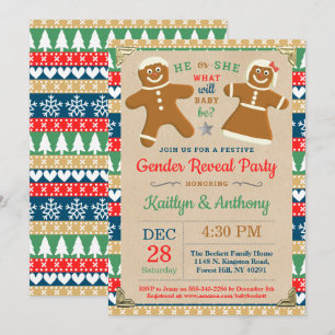Festive Gingerbread Christmas Gender Reveal Party Invitation