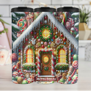 Festive Gingerbread House Covered Candies Thermal Tumbler