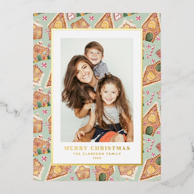 Festive Gingerbread House Mint Photo Christmas Foil Holiday Postcard (Front)