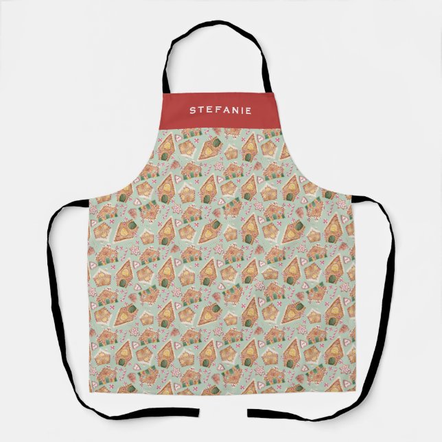 Festive Gingerbread House Pattern Mint Christmas Apron (Front)