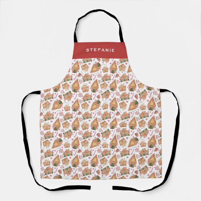 Festive Gingerbread House Pattern White Christmas Apron (Front)