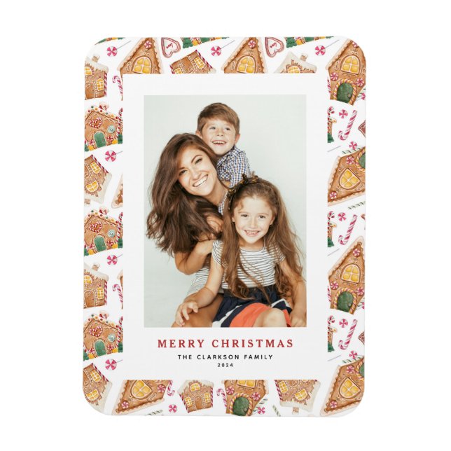 Festive Gingerbread House White Photo Christmas Magnet (Vertical)
