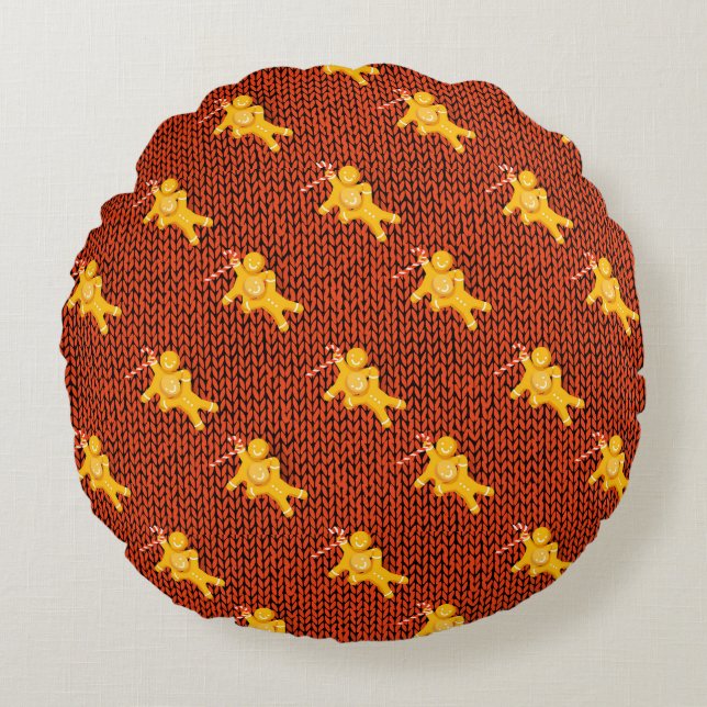 Festive Gingerbread Man & Knit Pattern Christmas Round Cushion (Front)