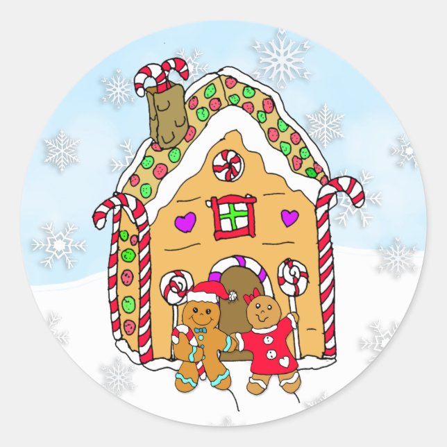 Festive Gingerbread Men and House Christmas Classic Round Sticker (Front)