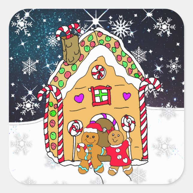 Festive Gingerbread Men and House Christmas Square Sticker (Front)