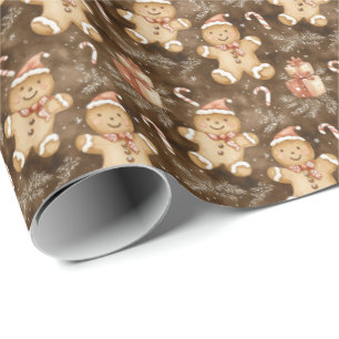 Festive Gingerbread Men with Gifts & Snowflakes  Wrapping Paper