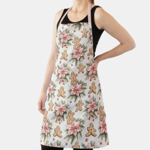 Festive Gingerbread Men with Pink Poinsettias Apron