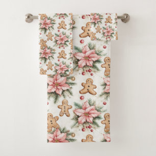 Festive Gingerbread Men with Pink Poinsettias Bath Towel Set