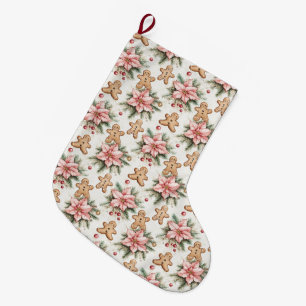 Festive Gingerbread Men with Pink Poinsettias Large Christmas Stocking