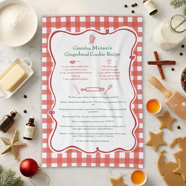 Festive Gingham Hand Drawn Family Recipe Keepsake Tea Towel (Creator Uploaded)