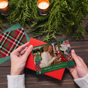 Festive Girl Christmas Illustration Plaid Photo Foil Holiday Card