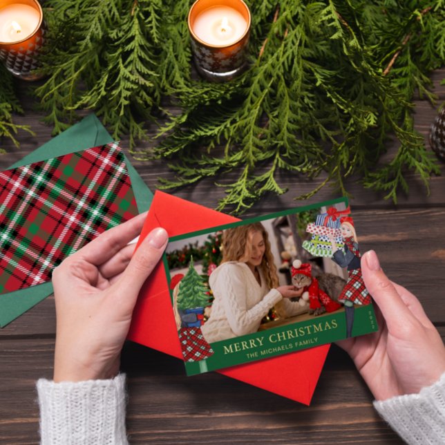 Festive Girl Christmas Illustration Plaid Photo Foil Holiday Card (Creator Uploaded)