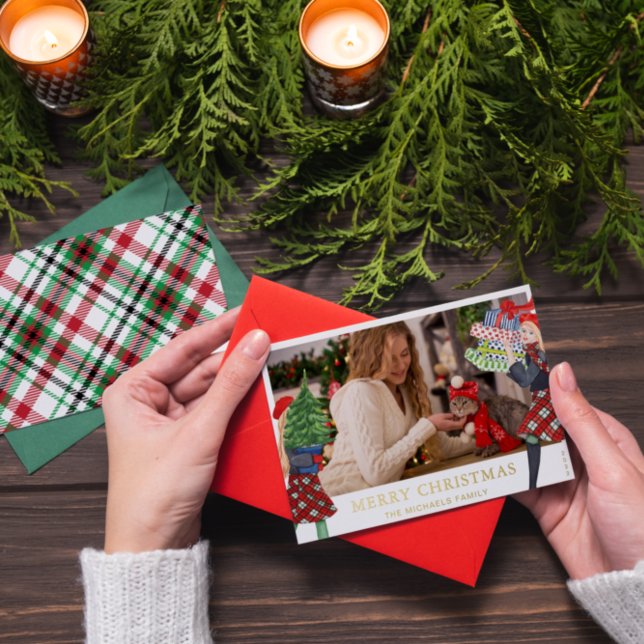 Festive Girl Christmas Illustration Plaid Photo Foil Holiday Card (Creator Uploaded)