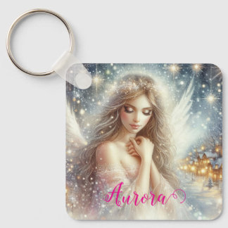 Festive Girly Watercolor Ethereal Frost Snow Angel Key Ring